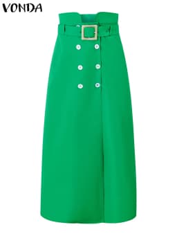 VONDA Women Solid Color Long Skirts 2025 Casual Waistband Button Design Slit Overskirts Elegant Office Lady Bottoms Oversized