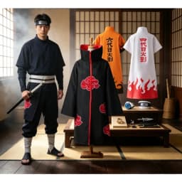 Anime Akatsuki Cosplay Costume Red Cloud Robe with Necklace Headband Ring Set for Role Play Adult Game Costume