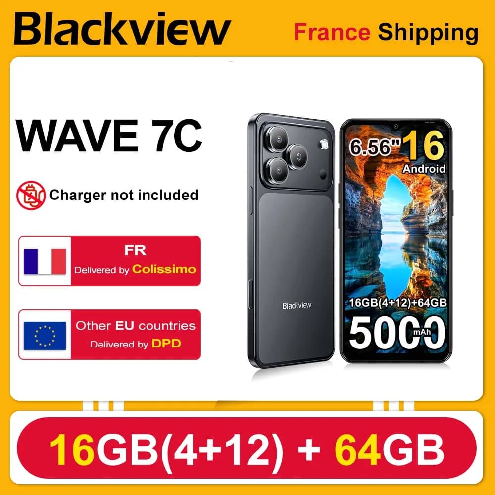 Blackview WAVE 7C Smartphone 6.56'' HD+IPS 5000mAh Battery 16GB(4+12)+64GB Unisoc Cell Phone 32MP+13MP 4G Android 16 Dual SIM
