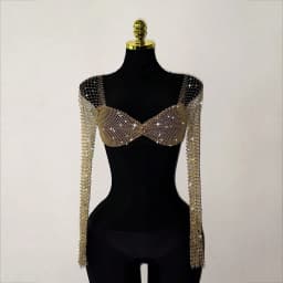 Elegant Rhinestone Mesh Long Sleeve Crop Top For Women Sexy Transparent Hollow Fishnet V Neck T Shirt Rave Beach Party Camisole