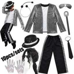Kids Sequin Dance Costume 6Pcs Singer Performance Outfit Glitter Jacket Pants Hat Gloves Sunglasses Halloween Stage Cosplay Suit