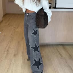Classic Studded Denim Jeans Pant Women's Star Patchwork Baggy Pants Wide Leg Trendy Streetwear Casual Daily Female Trousers