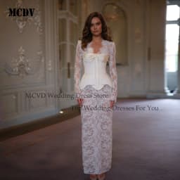 Customized White Mermaid Bow Collar Wedding Dress Lace Long Sleeve Lace-Up vestidos de noche Floor-Length robe de mariée