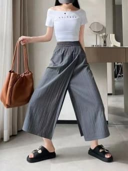 Slimming Ice Silk Casual Skirt Pants Women's Summer Thin Hanging Sense Wide Leg Pants Small Size Asymmetrical Eighteen Pants ...