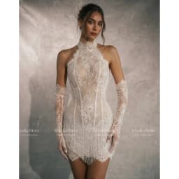 Rebecca Customized Halter Neck Long Lace Gloves Prom Dress Sheath Mini vestidos de noche Sheer Lace Panels Evening Dresses 2026