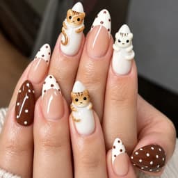 30pcs Sweet Pink Almond False Nails Cartoon Cat Music Note Polka Dot Butterfly Pattern Press On Nails French Style Manicure Art