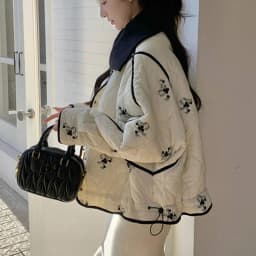 French Floral Printed Thick Short Padded Coat for Women Loose Fit All Match Winter Jackets Ladies Elegant Beige Warm Outerwear