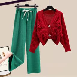 Two Piece Set For Women New In Sweater Matching Sets Korean Sweet Bow Outfit Long Sleeve Cardigan Knitwear Wide Leg Pants Set