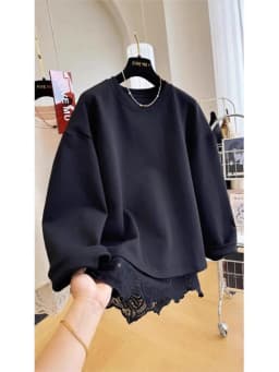 New Style Lace Splicing Fake Two-piece Pullover O Neck Sweatshirt For Women Spring Autumn Loose Top Fashion Casual Solid Hoodie