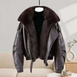 2026 High-quality Leather Jacket New Women's PU Black Leather Coat Winter Fur Collor Short Puffer Parkas Fur Outwear