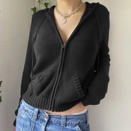 Women’s Full Zip Knit Hoodies Casual Sweaters Solid Color Long Sleeve Drawstring Sweatshirts Cardigan Zip-up Clothing Y2K