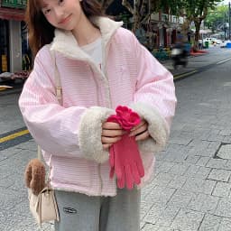 Korean Women's Reversible Striped Jacket Autumn Winter Stand Collar Fleece Lined Padded Coats Woman Loose Casual Plush Jackets