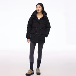 Metersbonwe Women's Adjustable Waist Drawstring Down Coat Puffer 85% Duck Down Hooded Patch Pockets Warm Winter Puffer Jackets