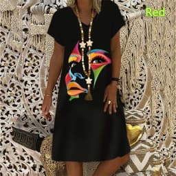 Women's Short Sleeve V-Neck Painting Face Abstract Print Dress 2022 Summer New Loose Oversized Mini Dresses Ladies Fashion Dress