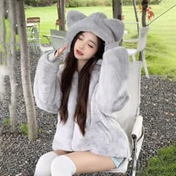 Japanese Sweet Long Sleeve Cat Ears Patchwork Coat Faux Fur Jacket Women Kawaii Y2k Vintage Hoodie Casual Autumn Winter 2026
