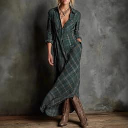 Retro Plaid Print Button Lapel Shirt Long Dresses Woman Spring Sexy High Waist Pocket Party Dress Long Sleeve Loose Autumn Dress