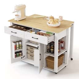 120cm Modern Extendable Kitchen Island with Bar Counter 2 Drawers 2 Cabinet Doors Mobile Kitchen Cart with Sockets