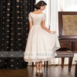 Customized Wedding Party Dresses Satin A-line Bridal Gown Ivory V-neck Pleat Ruched Lace Fairy Garden Wedding Dress Midi