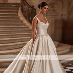 Lceland Poppy Customized A Line Mikado Satin Wedding Dresses Pleated Sleeveless Beaded Bridal Gowns with Chapel Train