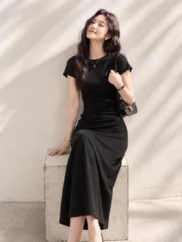Slim Fit A-Line Midi Dress Women's Short Sleeve T-Shirt Dress High Waist Pleated Spring Summer Autumn Commute Style Casual Dress