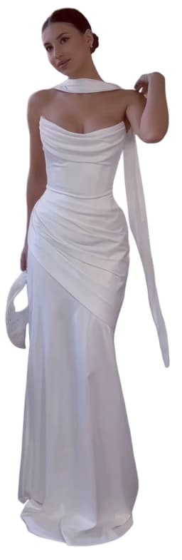 Customized Simple Pleat Strapless Mermaid Wedding Dresses With Long Scarf Elegant Long Wihte Satin Bridal Gowns