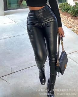 Women's New Elastic Small Leg PU Leather Pants Series Black Mesh Lace Pu Sexy Women Trousers 2025 New Fashion Pants M4MG