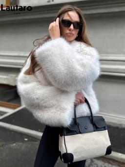 Lautaro Winter Short Thick Warm Shaggy Soft Black Faux Fur Coat Women Shawl Collar 2026 Loose Luxury High Quality Fluffy Jacket