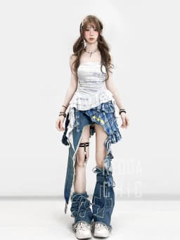 REDDACHiC Asymmetrical Denim Shorts Star Plaid Coverups Leg Warmers Women Set Trendy New Low Rise Pants Summer Retro Y2k Clothes
