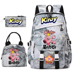 Kirby Cartoon Print Student Backpack Set for Girls with Lunch Bag and Pencil Case School Bookbag Lightweight Daypack