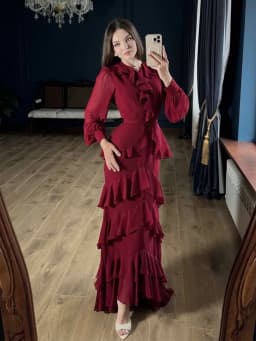 Elegant Solid Layered Ruffle Long Dress Women O Neck Long Sleeve Belt Chiffon Maxi Dress Autumn Wedding Guest Evening Party Robe