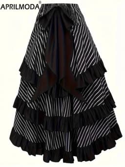 Gothic High Low Irregular Black Midi Long Skirt Bow Back White Striped Ruffles Adjustbale Steampunk Vintage Victorian Skirts Emo
