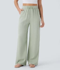 Pant women 2026 casual high-waisted drawstring side pocket casual linen pants flowing wide-leg beach pants elastic tightness