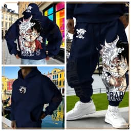 One Piece Luffy Gear 5 Hoodie Pants Set Red Cotton Tracksuit with Character Print on Hoodie Front Pant Side Loose Fit Two Piece