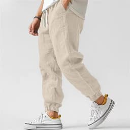 Men's Casual Pants Daily Wear Solid Summer Full Length Soft Linen Pants Mid Waist Pocket Drawstring Trousers Streetwear Bottoms