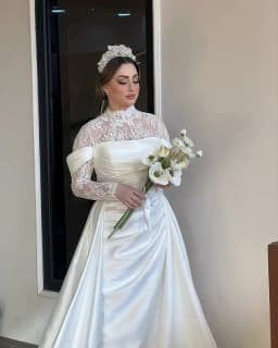 Customized Minimalist Satin Wedding Dress with Detachable Train Fold Pleated Bodice Ruched Waist Bridal Gown with Long Sleeves
