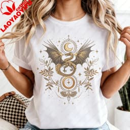 Celestial Dragon Moon Phase T-Shirt Witchy Boho Floral Tee Gothic Style Women Fashion Casual Tshirt Retro Design Printed Tops