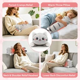 USB Heated Cat Pillow with 5 Heat 5 Timers, Cute Plush Heating Pad for Shoulder Belly Care, Cozy Warm Stuffed Animal Toy
