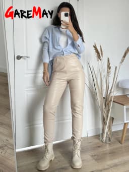 Winter Women's Leather Pants Black Slim Zipper Casual Leather Trousers Pencil Thick Brown Pu Faux Leather Pants for Women 2025
