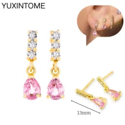 925 Sterling Silver Needle Pink Crystal Heart Hoop Earrings for Women Fashion Geometric Pendant Earrings Luxury Jewelry Gifts