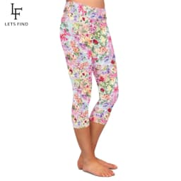 LETSFIND Summer Hand Drawn Floral Print  High Waist Women Capri Legging New Fitness Sexy Stretch Slim Mid-Calf 3/4 Leggings