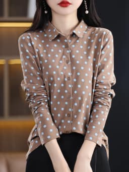Women's New 100% Cotton Soft Sweater Polka-dot Knitted Polo Collar Long Sleeve Cardigan Spring Summer Shirt Ladies' Blouse Top