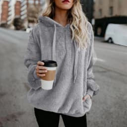 Women Casual Plush Hooded Sweatshirt Half Zip Drawstring Design Long Sleeve Front Kangaroo Pocket Relaxed Winter Pullover