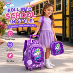3-Piece Rolling Backpack for Girls and Children Roller Bag with Lunch Bag and Pen Bag Design of Unicorn Pattern Luminous Functio