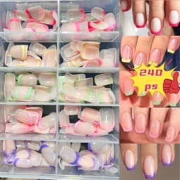 240/120pcs Summer Colorful Fake Nails Short Square Press On Nails French Acrylic Manicure Nail Art Glossy Full Cover False Nail
