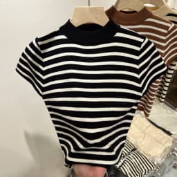 2026 Turtleneck Pullover Striped Sweater Slim Fit Top Shirt Women's Early Spring and Autumn Short Sleeve Bottoming Jumper