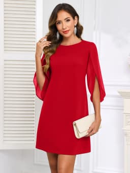 Womens Fluter Sleeve Crew Neck Loose Shift Tunic Cocktail Knee Length Business Casual Party Chiffon Bodycon A-Line Dress