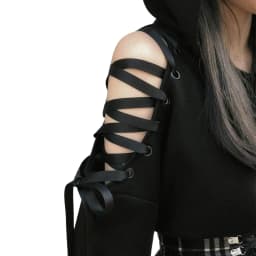 Combhasaki Women's Y2K 3D Cat Ear Hooded Pullover Tops Gothic Ribbon Lace-up Hollow Out Shoulder Long Sleeve Cropped Sweatshirts
