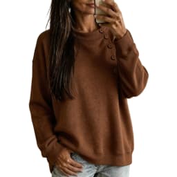Crew Neck Sweatshirts Women Fleece Pullover Side Button Tops Fall Cute Shirt