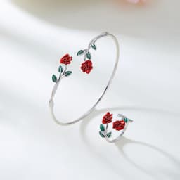 Retro Red Rose Flower Bracelet Ring Set For Women Vintage Drip Oil Open Adjustable Cuff Bangle Finger Ring Party Wedding Jewelry