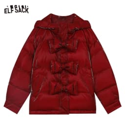 ELFSACK Women's Winter Short down Jacket Hooded Bow Button Detail New Arrival Fashion Outerwear